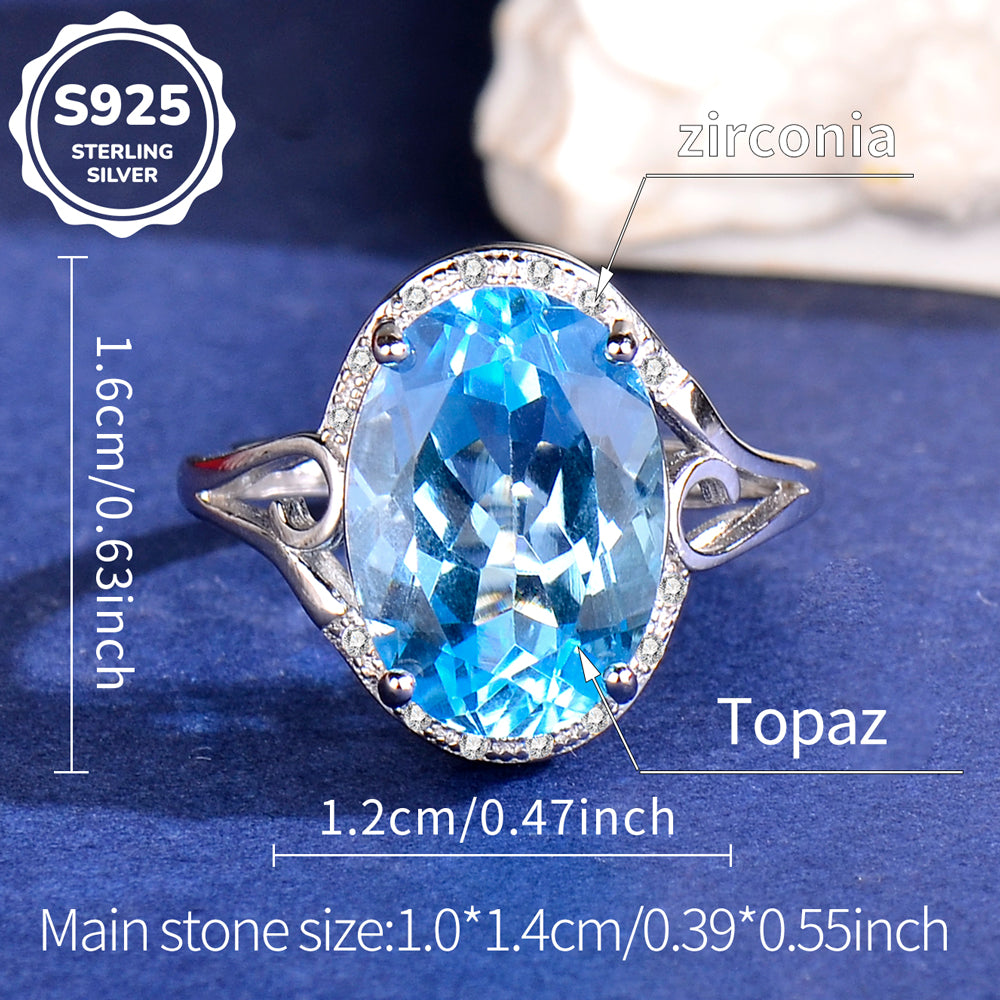 S925 Sterling Silver Natural Topaz Ring for Women | Elegant Adjustable Crystal Zirconia Luxury Ring, Romantic Valentine's, Mother's Day, Birthday Jewelry Gift for Her