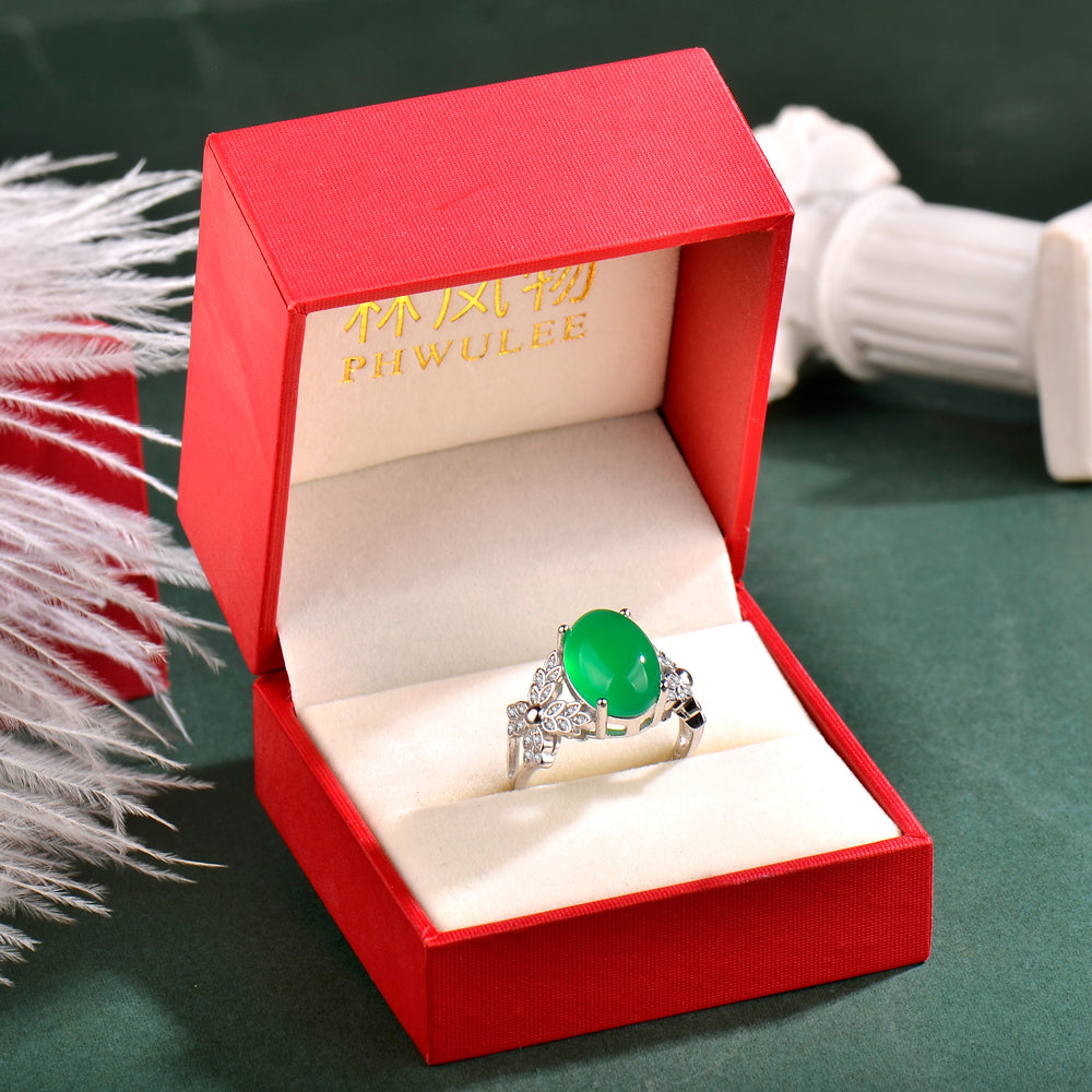 Luxury S925 Sterling Silver Natural Chrysoprase Ring for Women | Elegant Adjustable Green Chalcedony Cocktail Ring | Perfect Mother's Day & Valentine's Gift