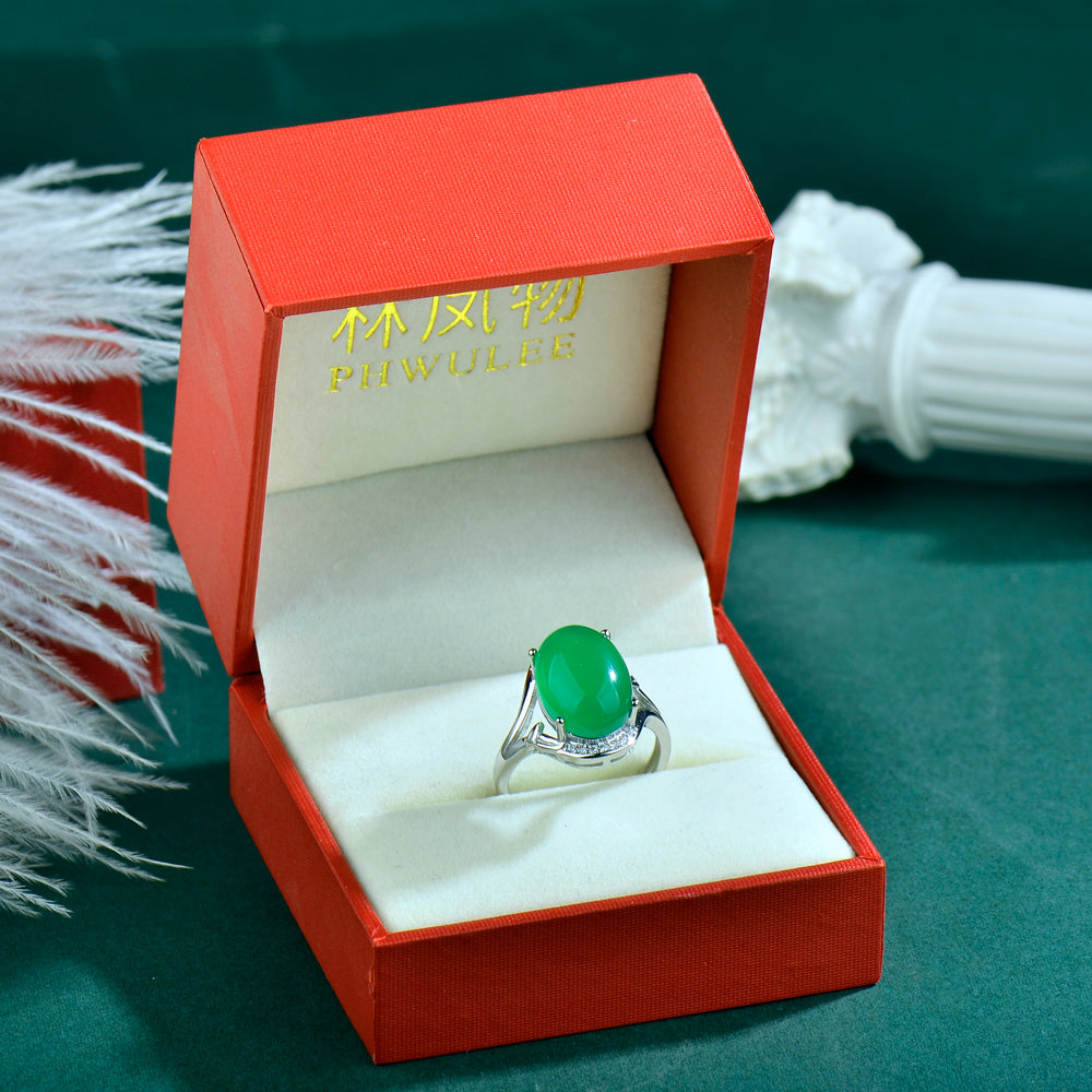 Luxury S925 Sterling Silver Natural Chrysoprase Ring for Women | Elegant Adjustable Oval Green Chalcedony Gemstone Ring with Zirconia Accents | Perfect Gift for Mother's Day, Valentine's Day & Birthday