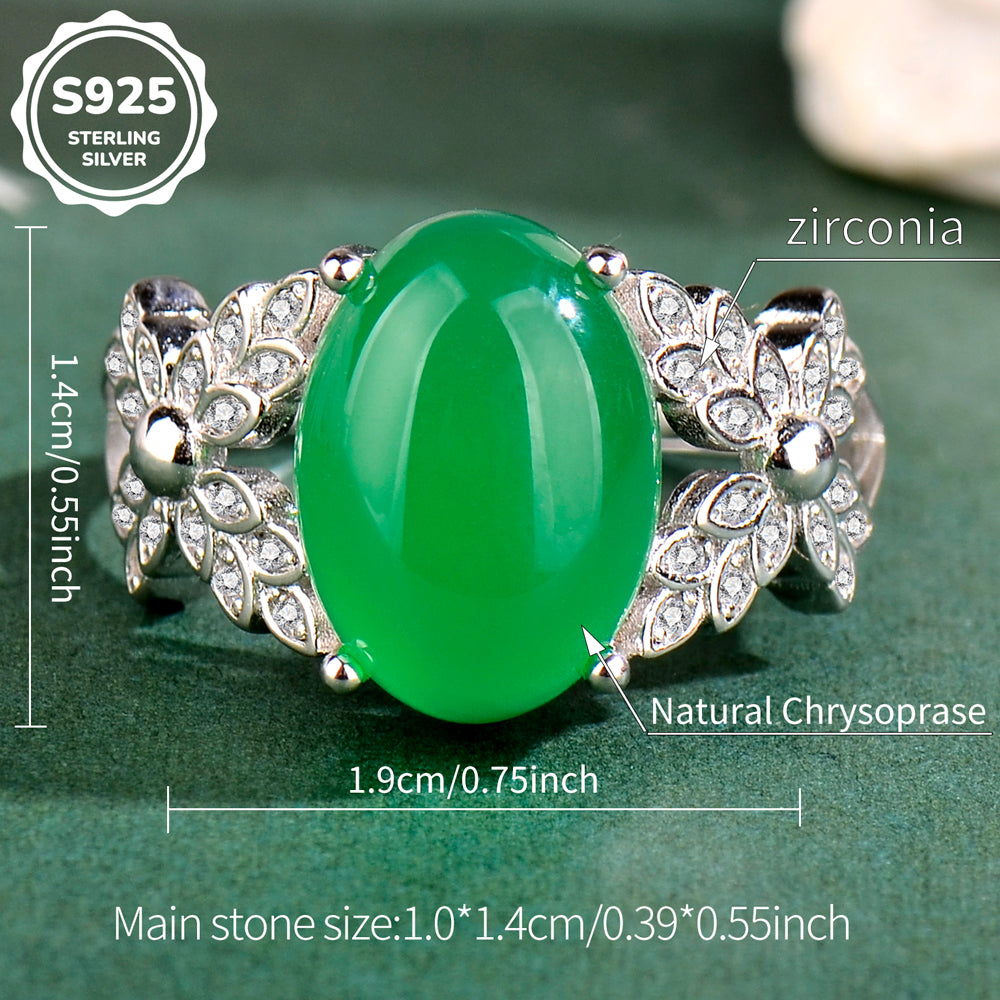 Luxury S925 Sterling Silver Natural Chrysoprase Ring for Women | Elegant Adjustable Green Chalcedony Cocktail Ring | Perfect Mother's Day & Valentine's Gift