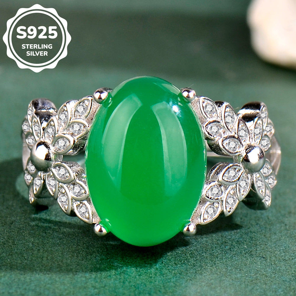 Luxury S925 Sterling Silver Natural Chrysoprase Ring for Women | Elegant Adjustable Green Chalcedony Cocktail Ring | Perfect Mother's Day & Valentine's Gift