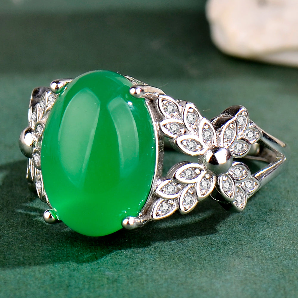 Luxury S925 Sterling Silver Natural Chrysoprase Ring for Women | Elegant Adjustable Green Chalcedony Cocktail Ring | Perfect Mother's Day & Valentine's Gift