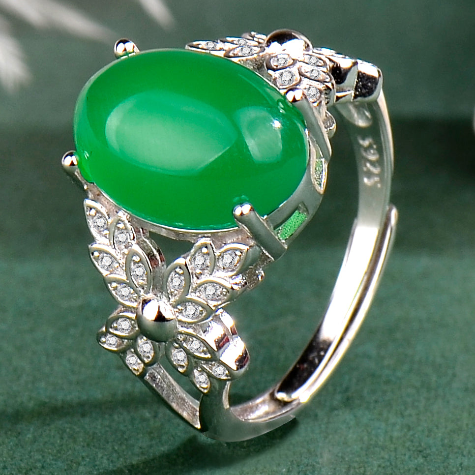 Luxury S925 Sterling Silver Natural Chrysoprase Ring for Women | Elegant Adjustable Green Chalcedony Cocktail Ring | Perfect Mother's Day & Valentine's Gift