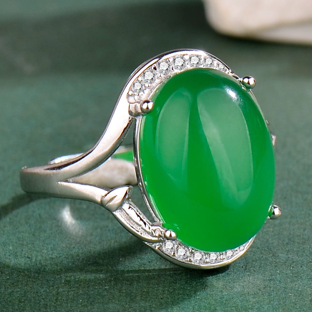 Luxury S925 Sterling Silver Natural Chrysoprase Ring for Women | Elegant Adjustable Oval Green Chalcedony Gemstone Ring with Zirconia Accents | Perfect Gift for Mother's Day, Valentine's Day & Birthday