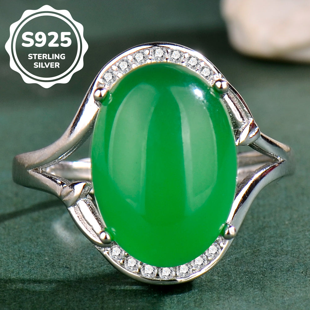 Luxury S925 Sterling Silver Natural Chrysoprase Ring for Women | Elegant Adjustable Oval Green Chalcedony Gemstone Ring with Zirconia Accents | Perfect Gift for Mother's Day, Valentine's Day & Birthday