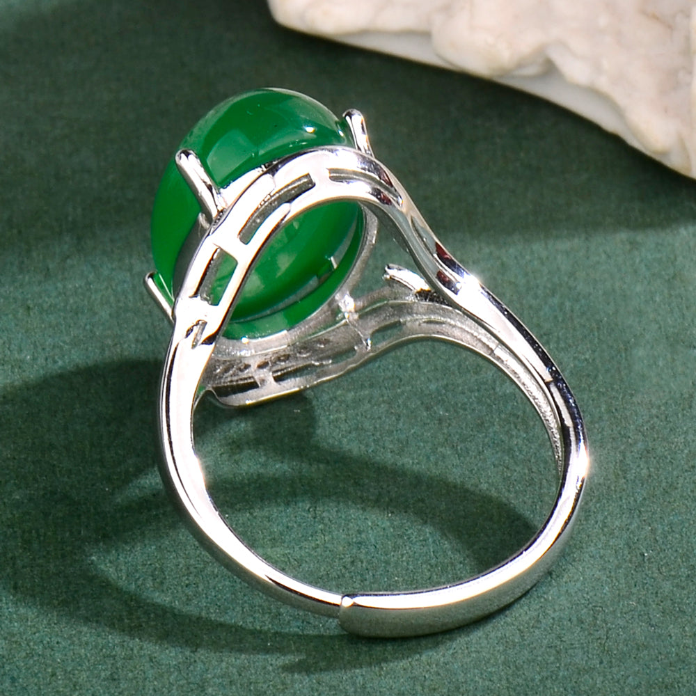 Luxury S925 Sterling Silver Natural Chrysoprase Ring for Women | Elegant Adjustable Oval Green Chalcedony Gemstone Ring with Zirconia Accents | Perfect Gift for Mother's Day, Valentine's Day & Birthday