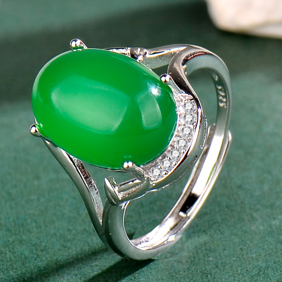Luxury S925 Sterling Silver Natural Chrysoprase Ring for Women | Elegant Adjustable Oval Green Chalcedony Gemstone Ring with Zirconia Accents | Perfect Gift for Mother's Day, Valentine's Day & Birthday