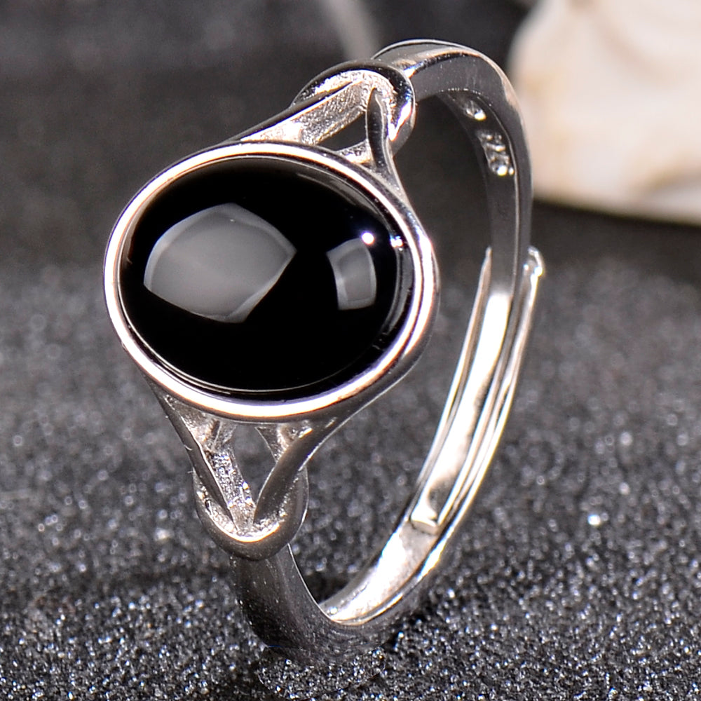 Luxury 925 Sterling Silver Natural Black Agate Ring for Women | Elegant Adjustable Open Ring with Oval Gemstone | Stylish Jewelry Gift for Her