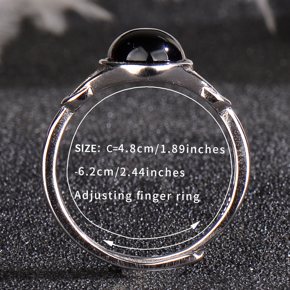 Luxury 925 Sterling Silver Natural Black Agate Ring for Women | Elegant Adjustable Open Ring with Oval Gemstone | Stylish Jewelry Gift for Her
