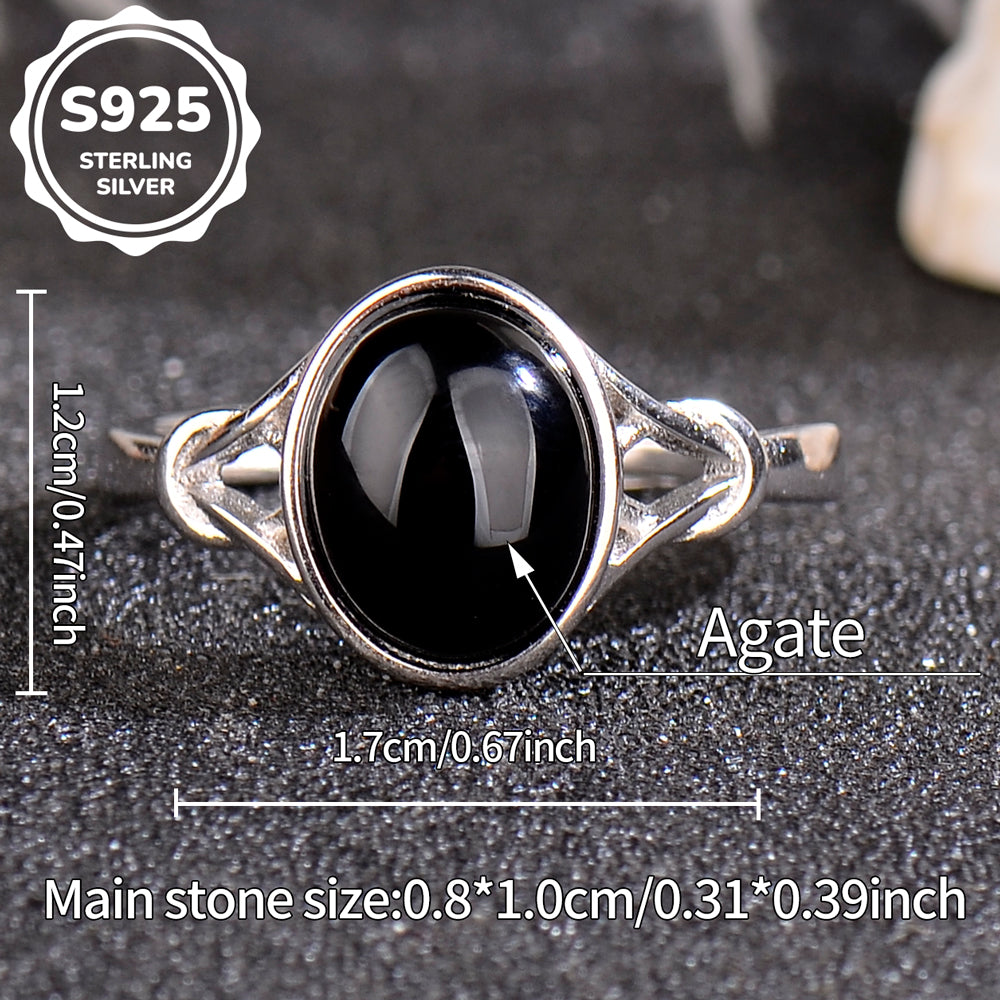Luxury 925 Sterling Silver Natural Black Agate Ring for Women | Elegant Adjustable Open Ring with Oval Gemstone | Stylish Jewelry Gift for Her