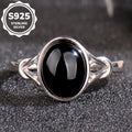 Luxury 925 Sterling Silver Natural Black Agate Ring for Women | Elegant Adjustable Open Ring with Oval Gemstone | Stylish Jewelry Gift for Her