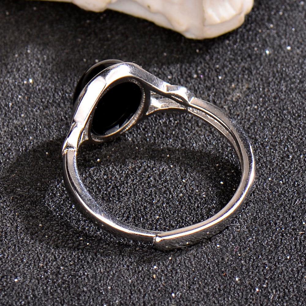 Luxury 925 Sterling Silver Natural Black Agate Ring for Women | Elegant Adjustable Open Ring with Oval Gemstone | Stylish Jewelry Gift for Her