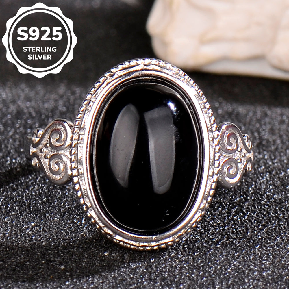 Luxury 925 Sterling Silver Natural Black Agate Ring for Women | Vintage Adjustable Open Ring with Oval Gemstone | Elegant Gift for Her