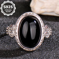 Luxury 925 Sterling Silver Natural Black Agate Ring for Women | Vintage Adjustable Open Ring with Oval Gemstone | Elegant Gift for Her