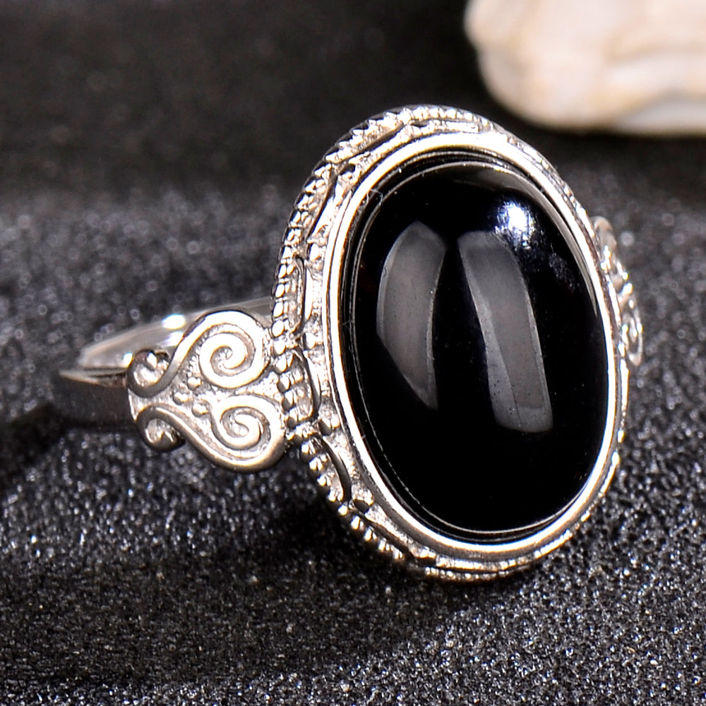 Luxury 925 Sterling Silver Natural Black Agate Ring for Women | Vintage Adjustable Open Ring with Oval Gemstone | Elegant Gift for Her