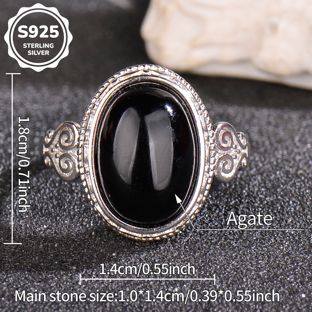 Luxury 925 Sterling Silver Natural Black Agate Ring for Women | Vintage Adjustable Open Ring with Oval Gemstone | Elegant Gift for Her