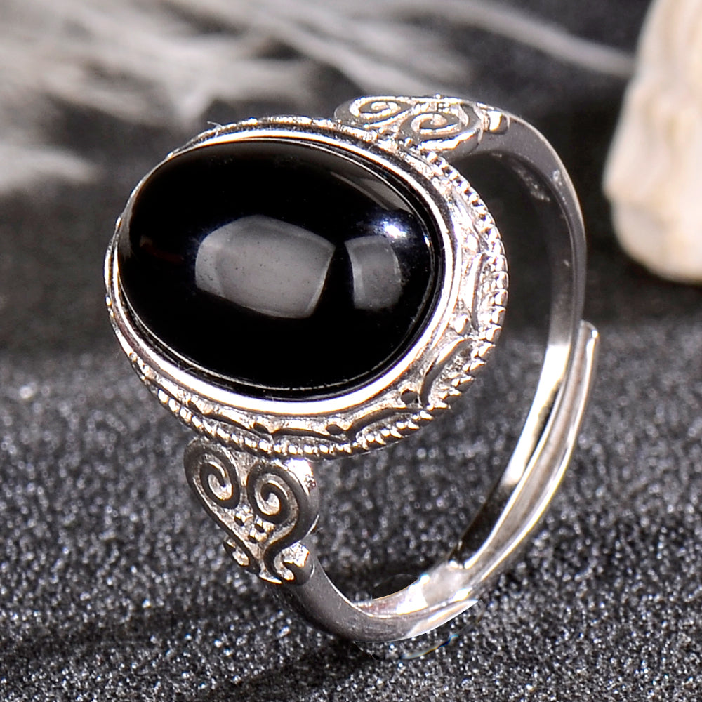 Luxury 925 Sterling Silver Natural Black Agate Ring for Women | Vintage Adjustable Open Ring with Oval Gemstone | Elegant Gift for Her