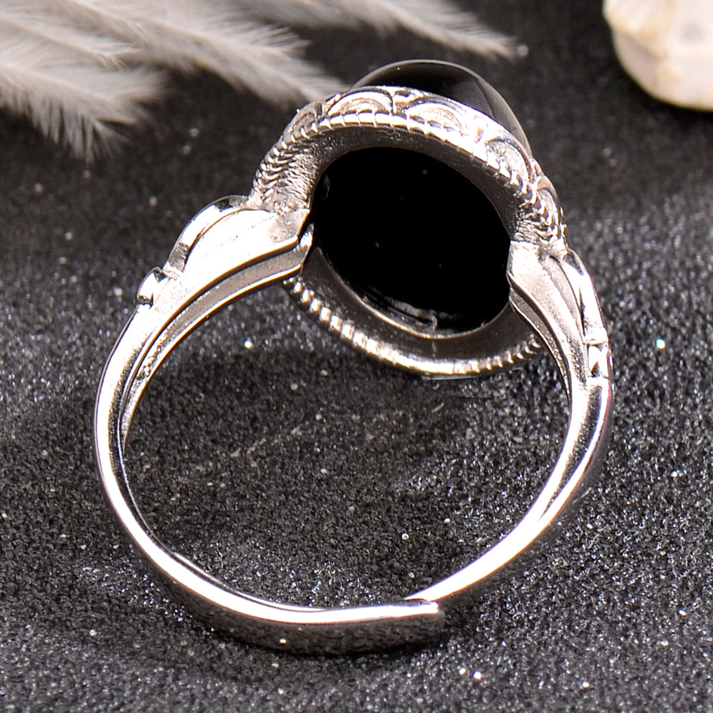 Luxury 925 Sterling Silver Natural Black Agate Ring for Women | Vintage Adjustable Open Ring with Oval Gemstone | Elegant Gift for Her