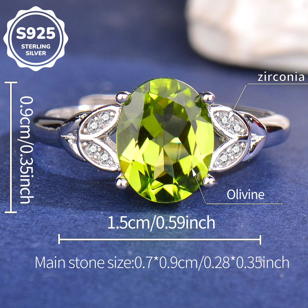 Adjustable S925 Sterling Silver Natural Peridot Ring for Women | 7x9mm Oval Cut Green Gemstone Open Band, Luxury Jewelry Gift for Valentine's, Mother's Day, Thanksgiving, Christmas