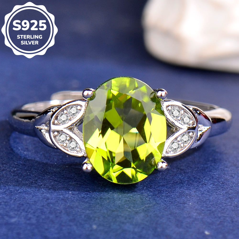 Adjustable S925 Sterling Silver Natural Peridot Ring for Women | 7x9mm Oval Cut Green Gemstone Open Band, Luxury Jewelry Gift for Valentine's, Mother's Day, Thanksgiving, Christmas