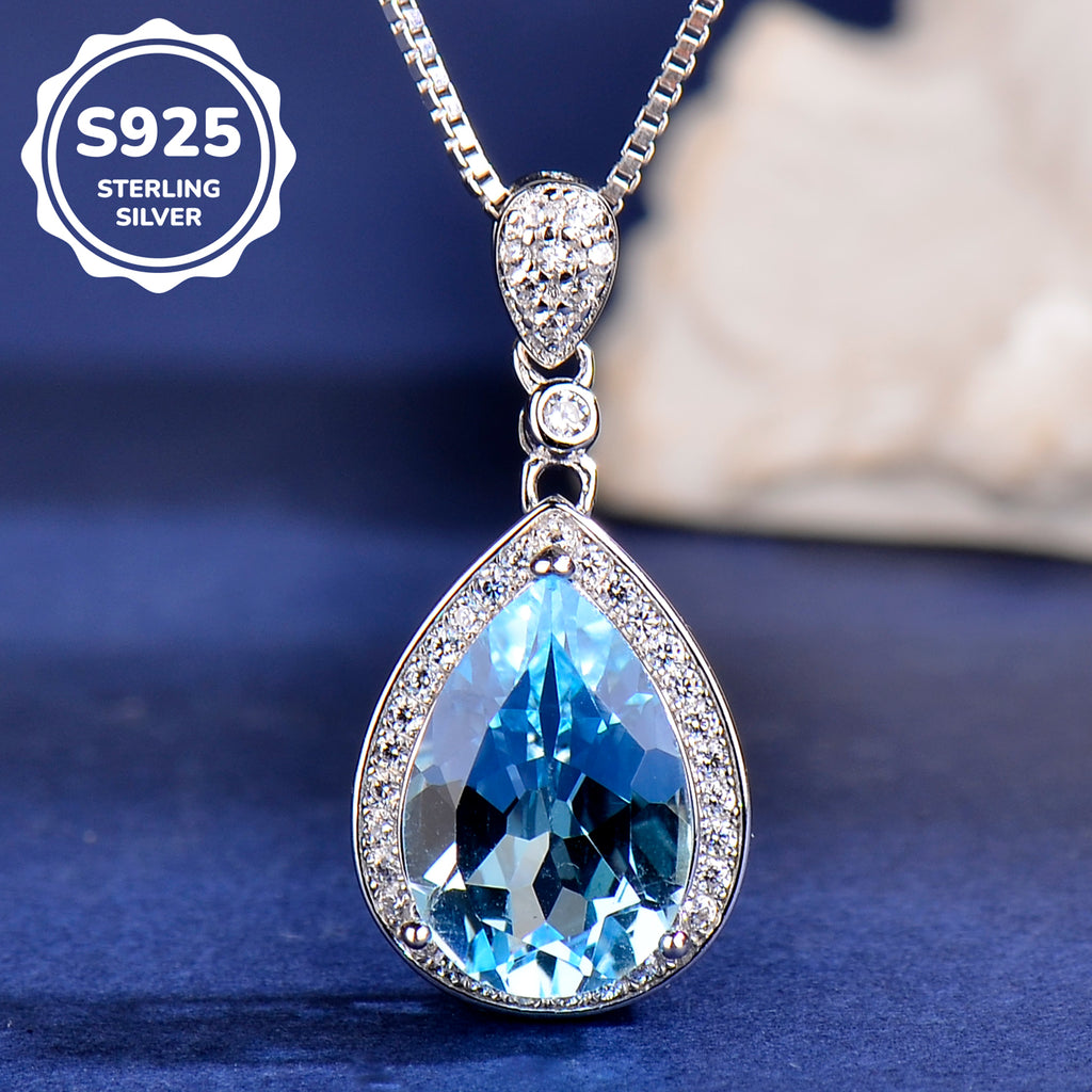 Natural Blue Topaz Teardrop Pendant Necklace in S925 Sterling Silver – Elegant Sky Blue Gemstone Jewelry for Women, Dainty Halo Design Gift for Her