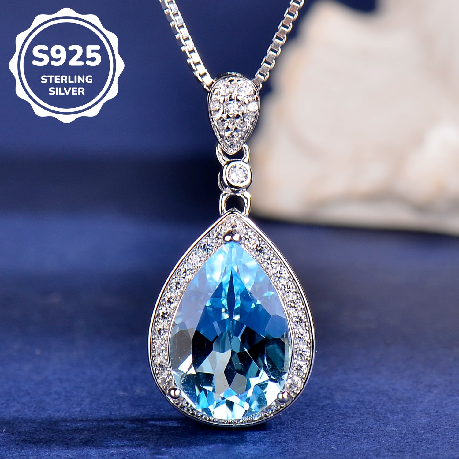 Natural Blue Topaz Teardrop Pendant Necklace in S925 Sterling Silver – Elegant Sky Blue Gemstone Jewelry for Women, Dainty Halo Design Gift for Her