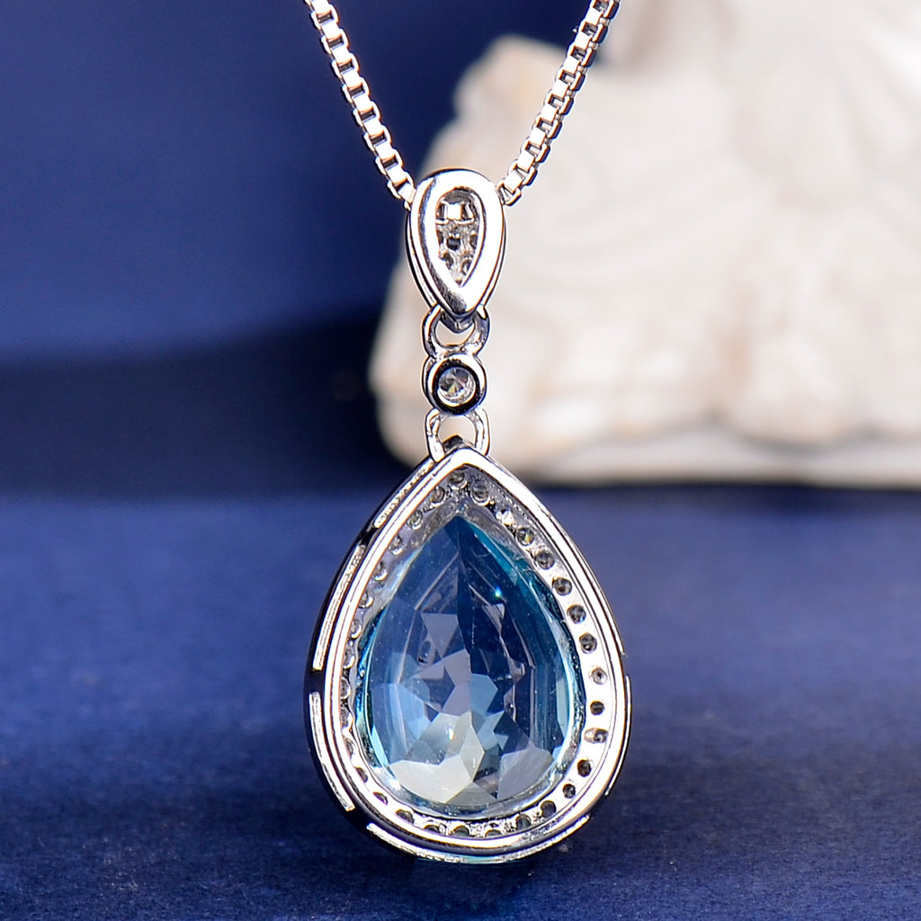 Natural Blue Topaz Teardrop Pendant Necklace in S925 Sterling Silver – Elegant Sky Blue Gemstone Jewelry for Women, Dainty Halo Design Gift for Her