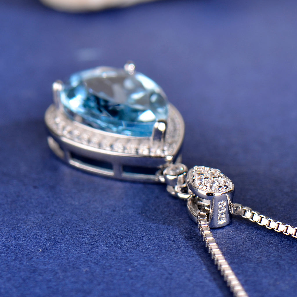 Natural Blue Topaz Teardrop Pendant Necklace in S925 Sterling Silver – Elegant Sky Blue Gemstone Jewelry for Women, Dainty Halo Design Gift for Her