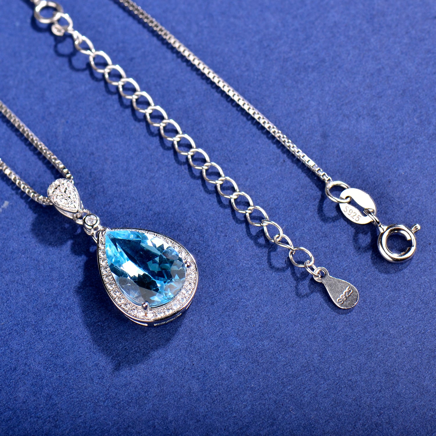 Natural Blue Topaz Teardrop Pendant Necklace in S925 Sterling Silver – Elegant Sky Blue Gemstone Jewelry for Women, Dainty Halo Design Gift for Her