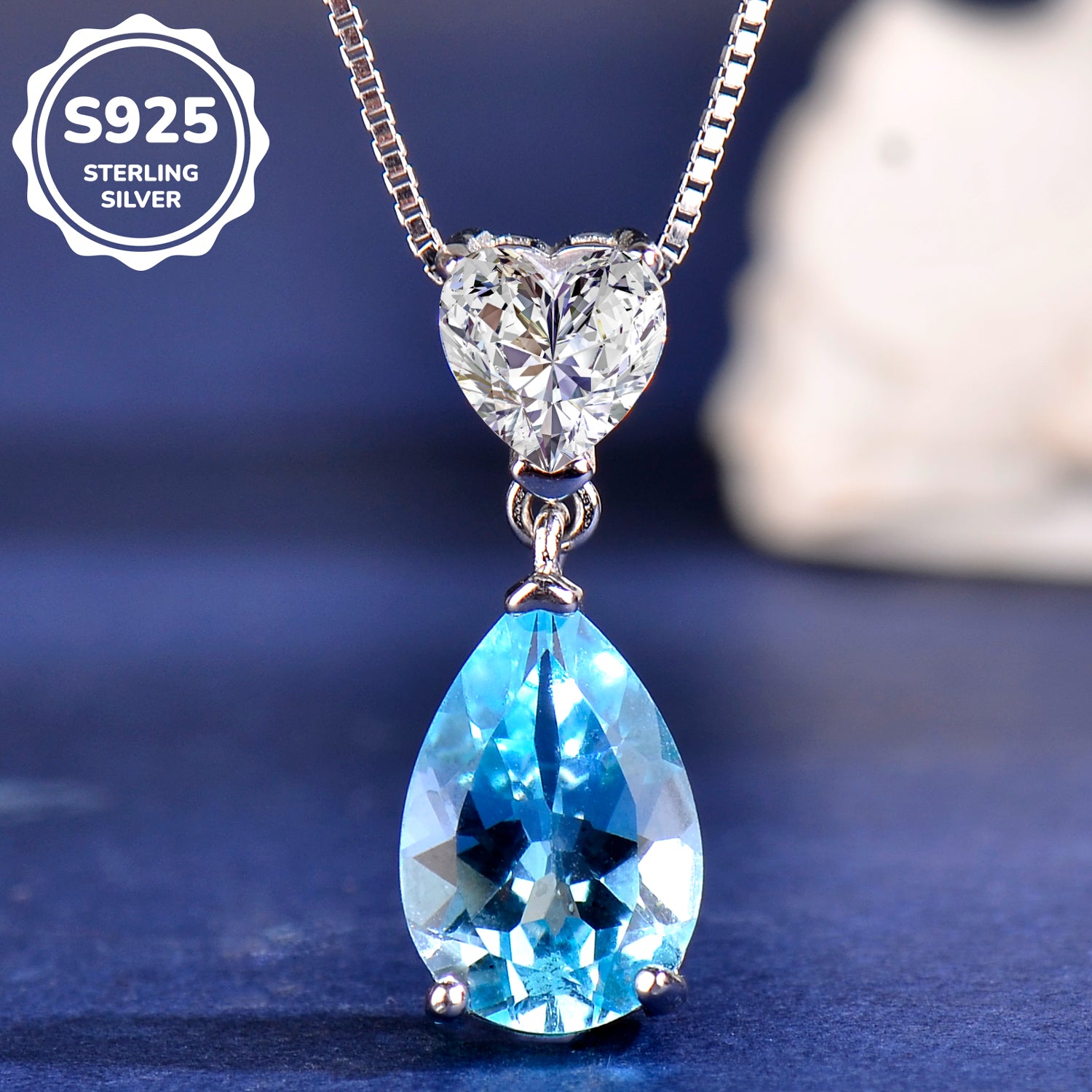 925 Sterling Silver Blue Topaz Teardrop Pendant Necklace for Women - Elegant Heart Design Crystal Jewelry Adjustable 16-18 Inch Chain Gift for Her, Valentine’s Day, Mother’s Day, Christmas
