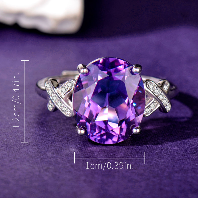 Elegant Natural Amethyst Ring in 925 Sterling Silver, Adjustable Oval Crystal Statement Ring for Women, Luxury Jewelry Gift