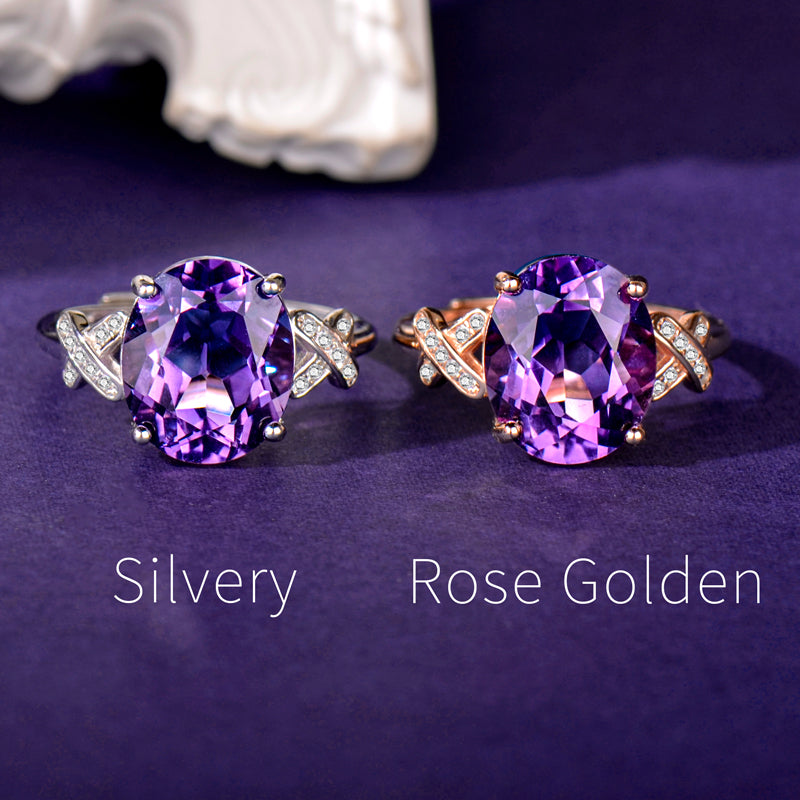 Elegant Natural Amethyst Ring in 925 Sterling Silver, Adjustable Oval Crystal Statement Ring for Women, Luxury Jewelry Gift