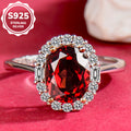 Natural Red Garnet Halo Ring, 925 Sterling Silver Adjustable Gemstone Ring with Cubic Zirconia, Fine Jewelry Gift for Wife, Mother & Girlfriend
