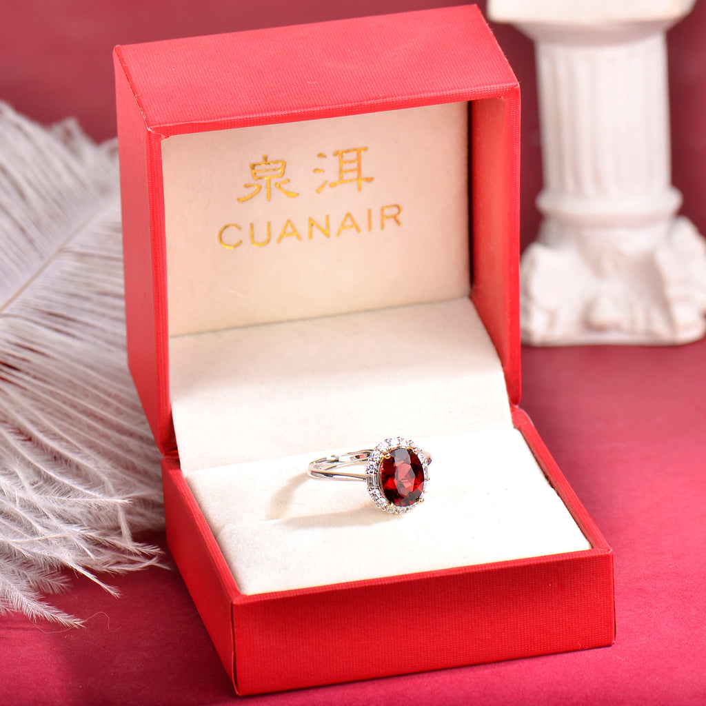 Natural Red Garnet Halo Ring, 925 Sterling Silver Adjustable Gemstone Ring with Cubic Zirconia, Fine Jewelry Gift for Wife, Mother & Girlfriend