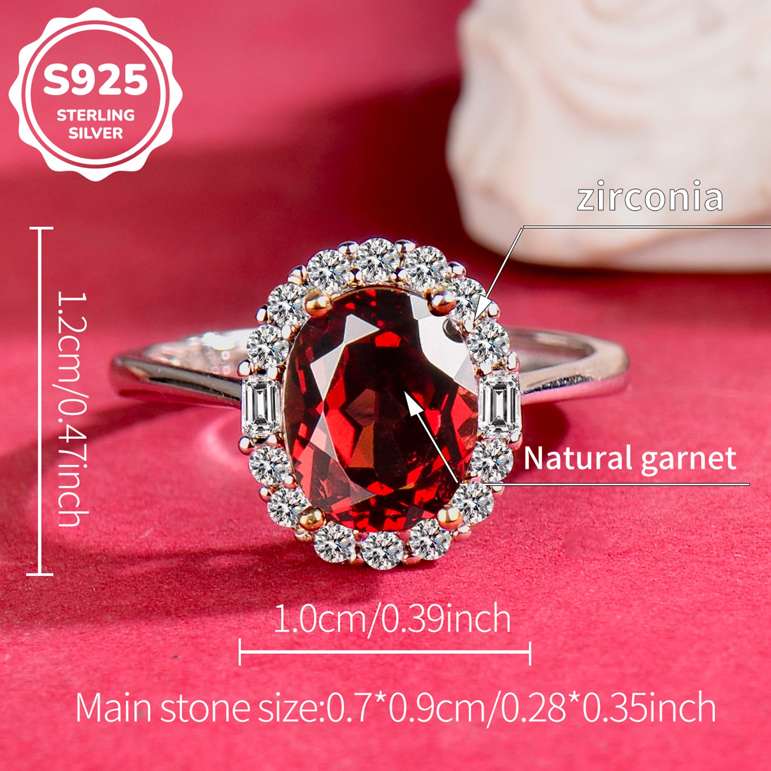 Natural Red Garnet Halo Ring, 925 Sterling Silver Adjustable Gemstone Ring with Cubic Zirconia, Fine Jewelry Gift for Wife, Mother & Girlfriend