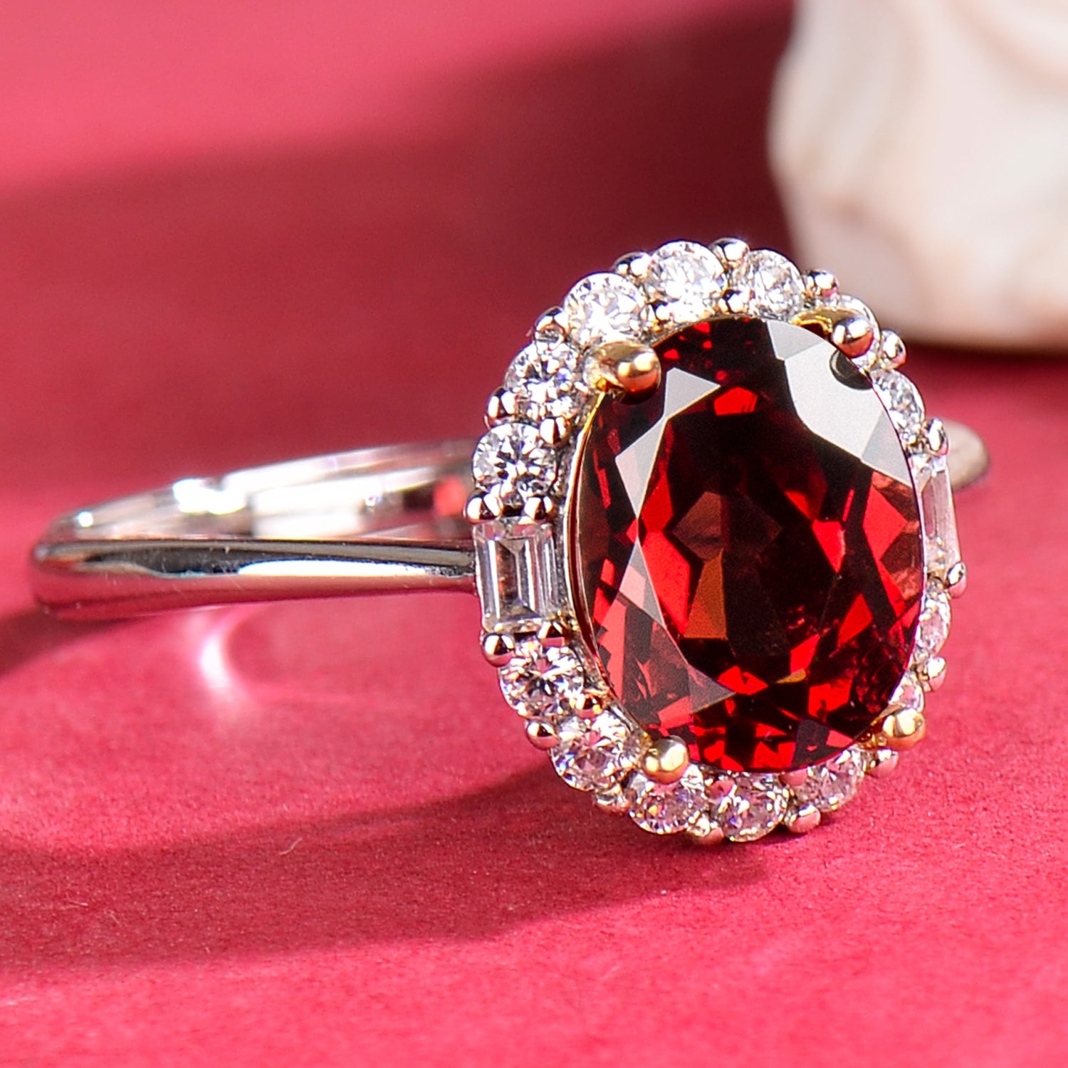 Natural Red Garnet Halo Ring, 925 Sterling Silver Adjustable Gemstone Ring with Cubic Zirconia, Fine Jewelry Gift for Wife, Mother & Girlfriend