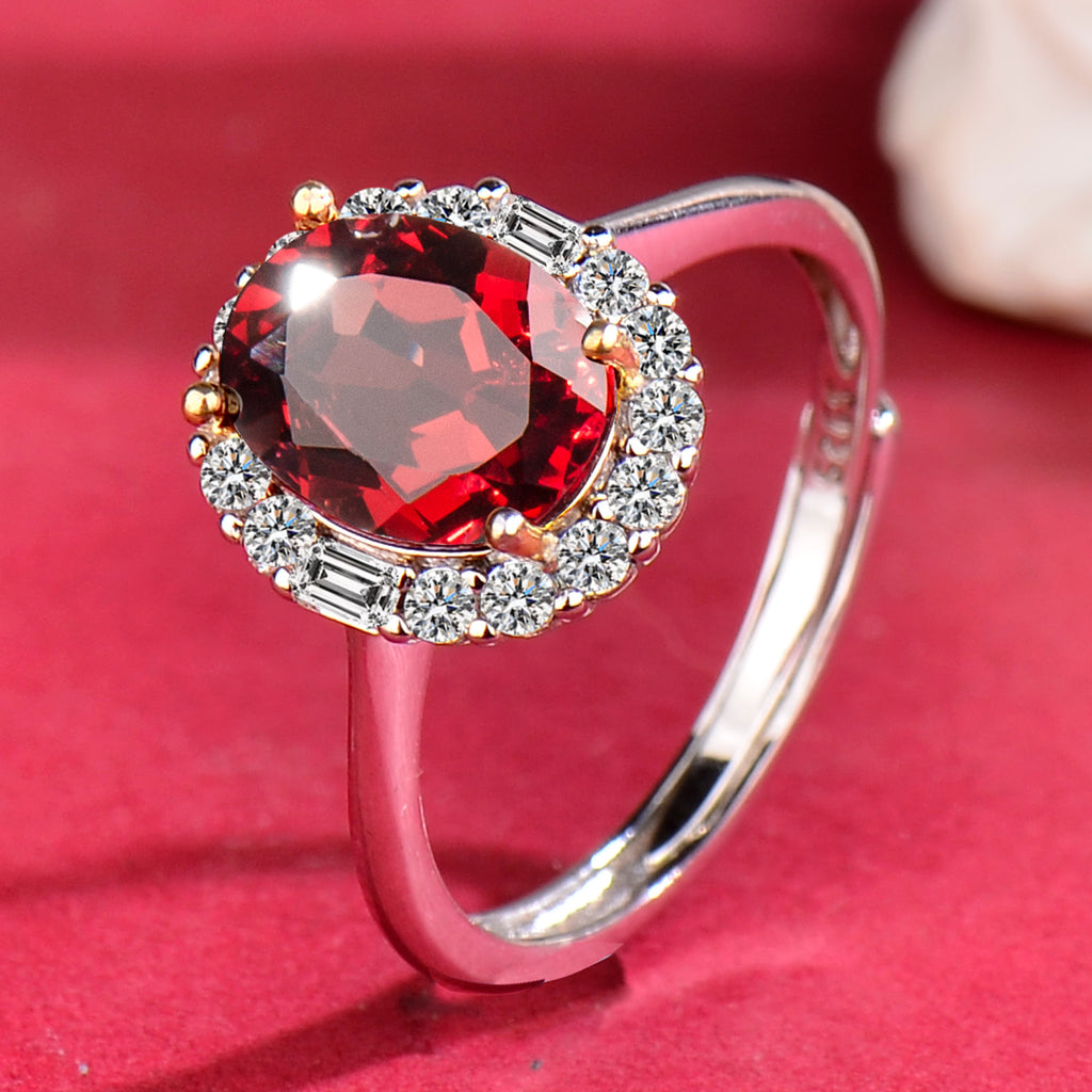 Natural Red Garnet Halo Ring, 925 Sterling Silver Adjustable Gemstone Ring with Cubic Zirconia, Fine Jewelry Gift for Wife, Mother & Girlfriend