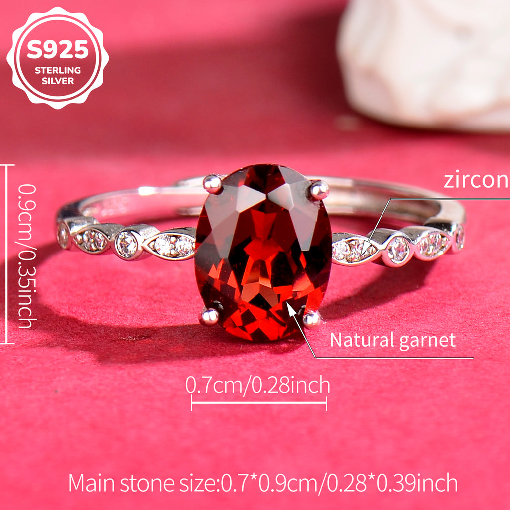 Luxury 925 Sterling Silver Natural Garnet Adjustable Ring for Women | Elegant Oval Gemstone Open Ring Jewelry Gift