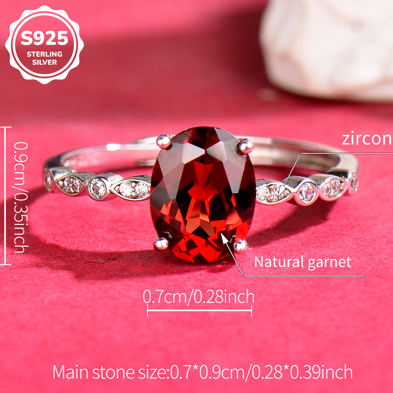 Luxury 925 Sterling Silver Natural Garnet Adjustable Ring for Women | Elegant Oval Gemstone Open Ring Jewelry Gift