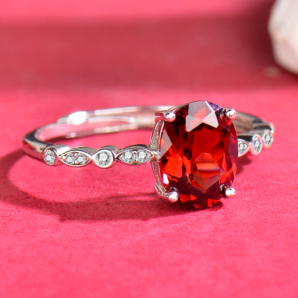 Luxury 925 Sterling Silver Natural Garnet Adjustable Ring for Women | Elegant Oval Gemstone Open Ring Jewelry Gift
