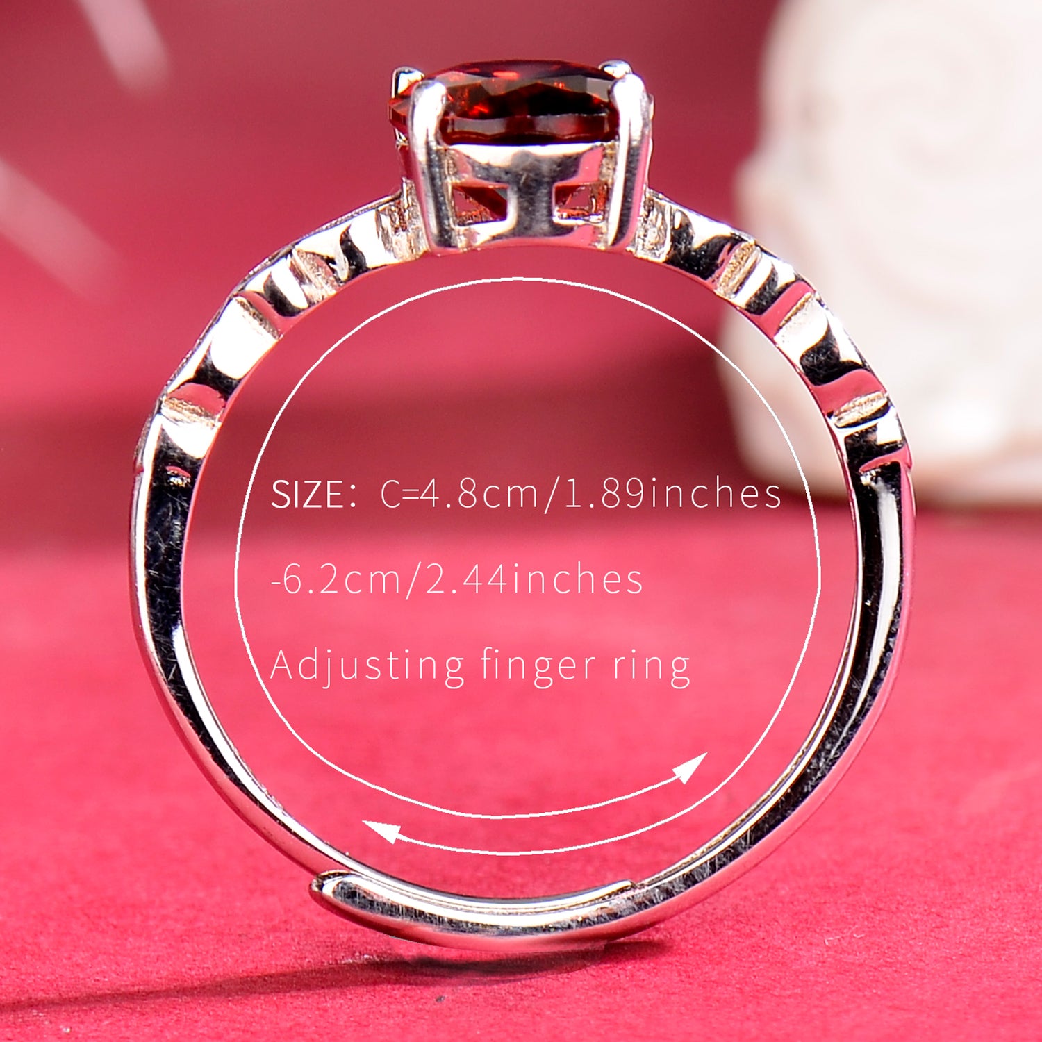 Luxury 925 Sterling Silver Natural Garnet Adjustable Ring for Women | Elegant Oval Gemstone Open Ring Jewelry Gift