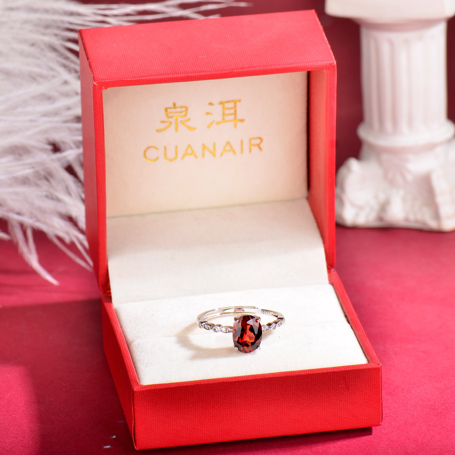 Luxury 925 Sterling Silver Natural Garnet Adjustable Ring for Women | Elegant Oval Gemstone Open Ring Jewelry Gift