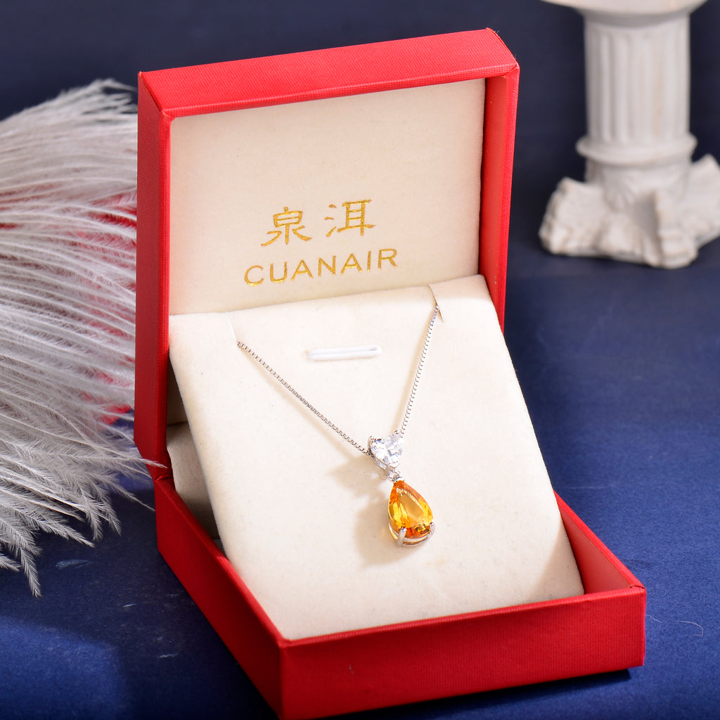 S925 Sterling Silver Citrine Heart and Teardrop Pendant Necklace for Women | Elegant Birthday, Valentine's & Mother's Day Jewelry Gift