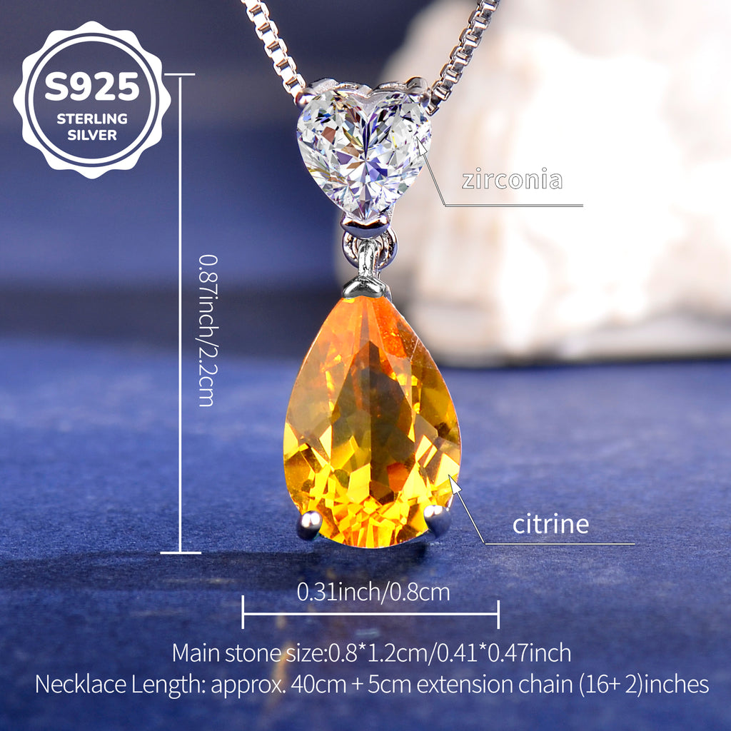 S925 Sterling Silver Citrine Heart and Teardrop Pendant Necklace for Women | Elegant Birthday, Valentine's & Mother's Day Jewelry Gift