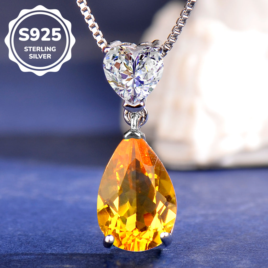 S925 Sterling Silver Citrine Heart and Teardrop Pendant Necklace for Women | Elegant Birthday, Valentine's & Mother's Day Jewelry Gift