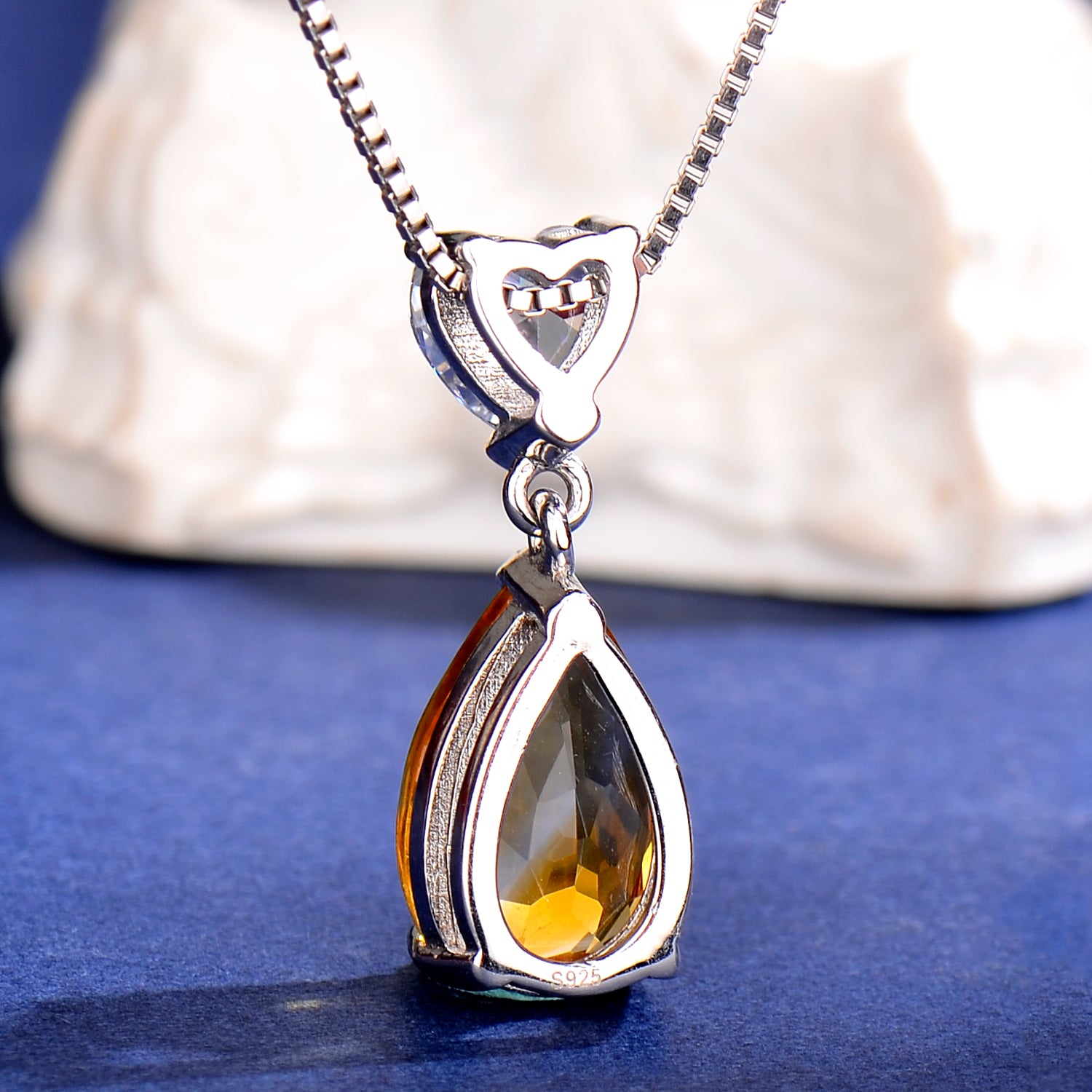 S925 Sterling Silver Citrine Heart and Teardrop Pendant Necklace for Women | Elegant Birthday, Valentine's & Mother's Day Jewelry Gift