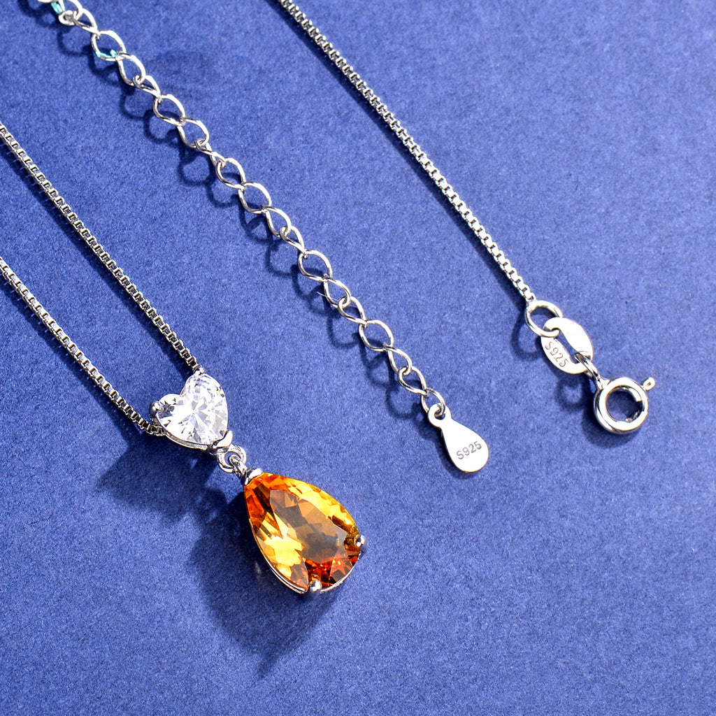 S925 Sterling Silver Citrine Heart and Teardrop Pendant Necklace for Women | Elegant Birthday, Valentine's & Mother's Day Jewelry Gift
