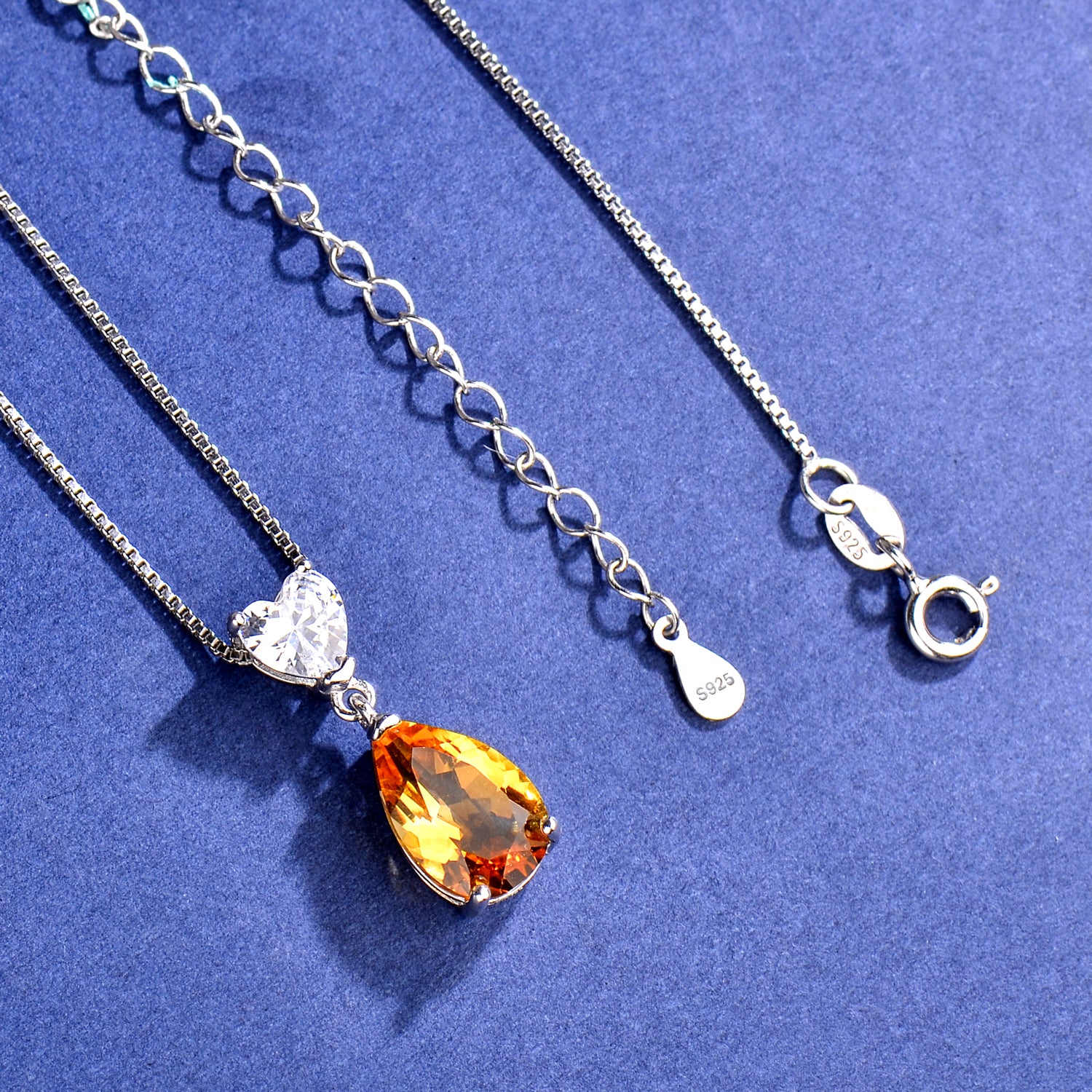 S925 Sterling Silver Citrine Heart and Teardrop Pendant Necklace for Women | Elegant Birthday, Valentine's & Mother's Day Jewelry Gift