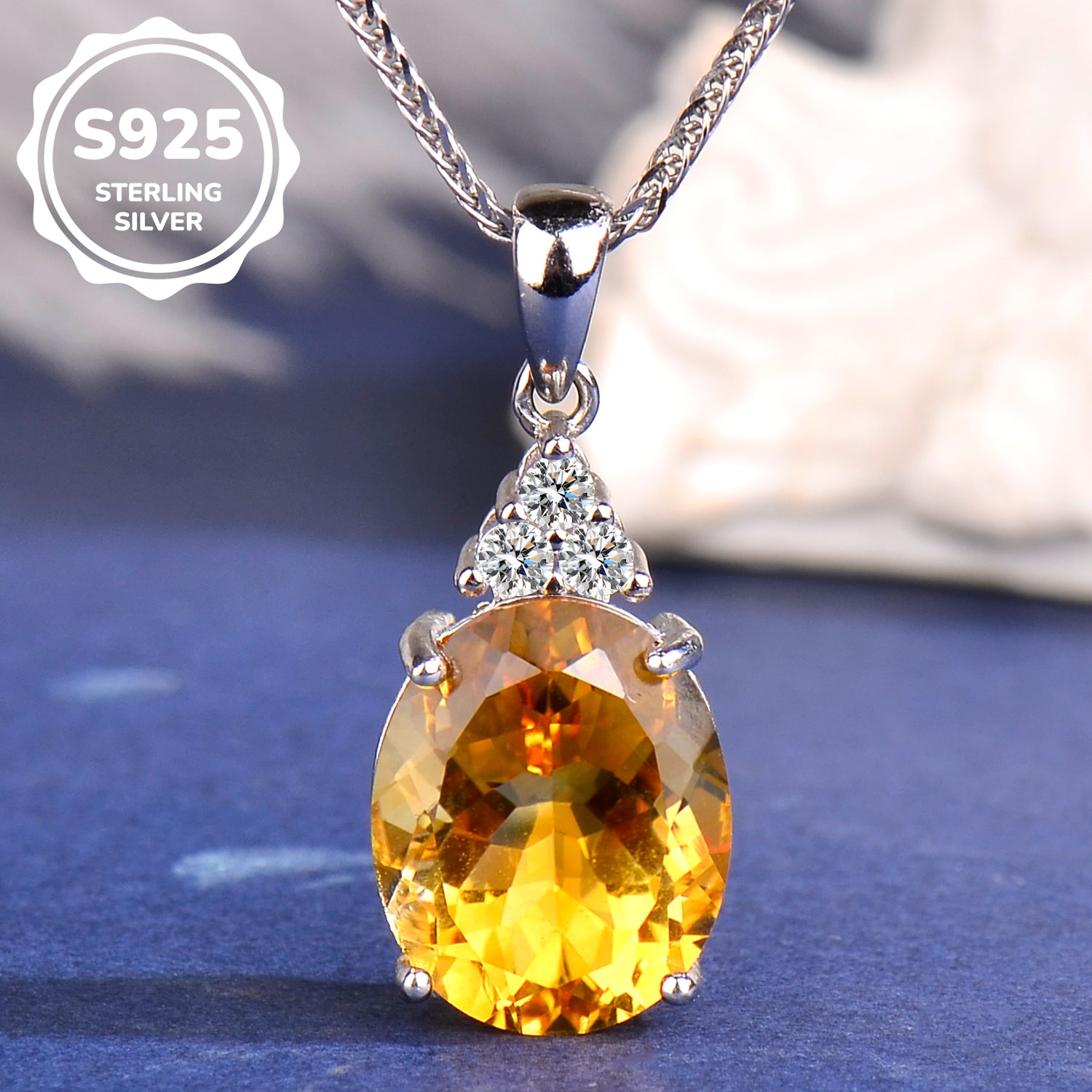 S925 Sterling Silver Natural Citrine Oval Pendant Necklace with Zirconia | Elegant Birthday, Valentine's & Mother's Day Jewelry Gift for Women