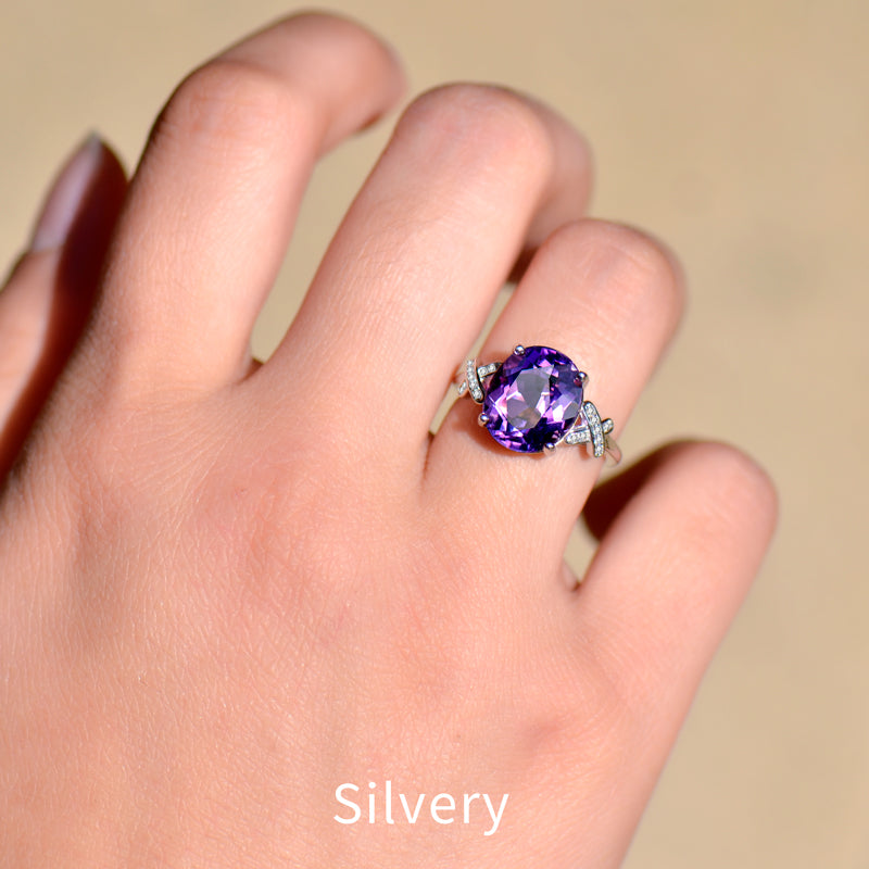 Elegant Natural Amethyst Ring in 925 Sterling Silver, Adjustable Oval Crystal Statement Ring for Women, Luxury Jewelry Gift